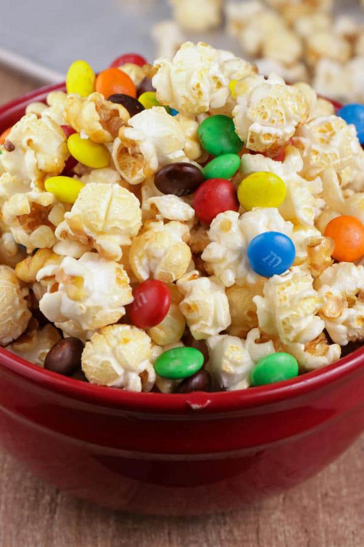 Caramel Popcorn – EASY – Quick – Simple M & M Candy Caramel Popcorn Recipe – BEST Homemade Microwave Popcorn – How To Make – Quick – Desserts – Snacks – Party Food