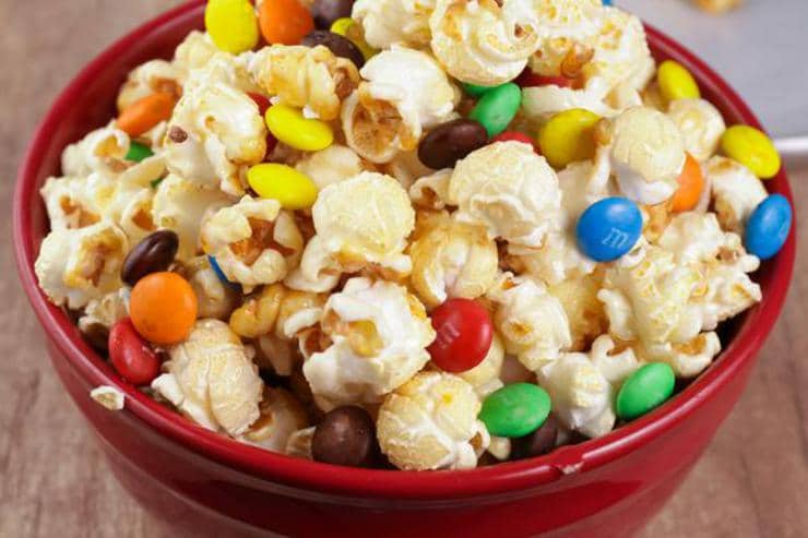Caramel Popcorn – EASY – Quick – Simple M & M Candy Caramel Popcorn Recipe – BEST Homemade Microwave Popcorn – How To Make – Quick – Desserts – Snacks – Party Food